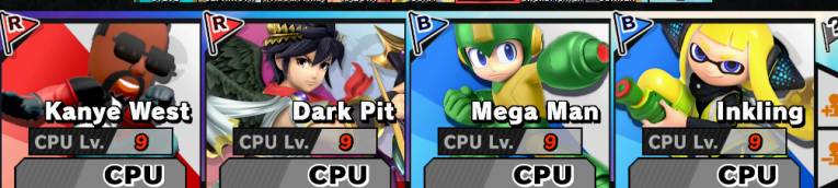 The Smash Bros team battle selector, showing Kanye West and Light Pit on the red team, Spriteman and Lemon-Aid on the blue team.